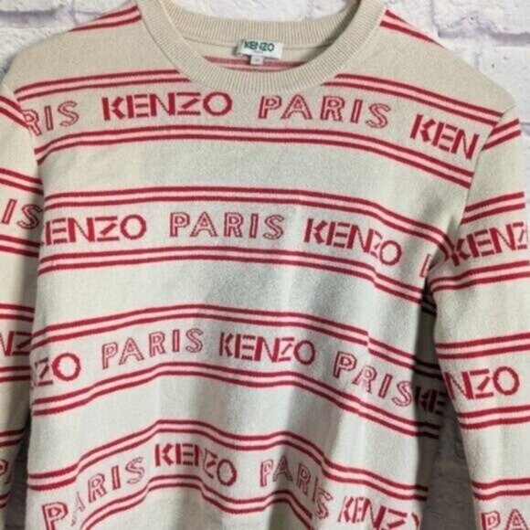 Kenzo Paris Logo Intarsia Knit Sweater S Red Beige Long Sleeve Pullover Designer - Picture 3 of 7